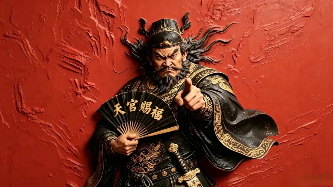 3k钟馗壁纸|红色墙面背景图片 - 天官赐福古风雕像「哲风壁纸」 红色浮雕墙前,持天官赐福折扇、怒指前方的钟馗古风雕像