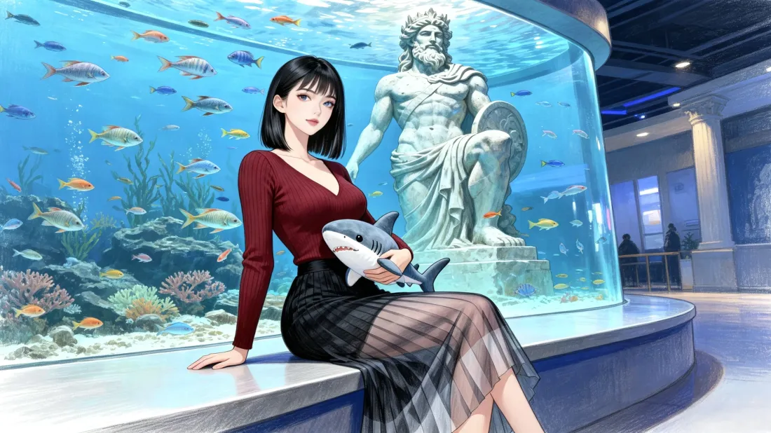 3k二次元短发少女壁纸|水族馆鱼缸背景图片 - 抱鲨鱼玩偶「哲风壁纸」 水族馆巨型鱼缸前,短发少女抱鲨鱼玩偶坐于台沿,缸内有波塞冬雕像与游鱼珊瑚。