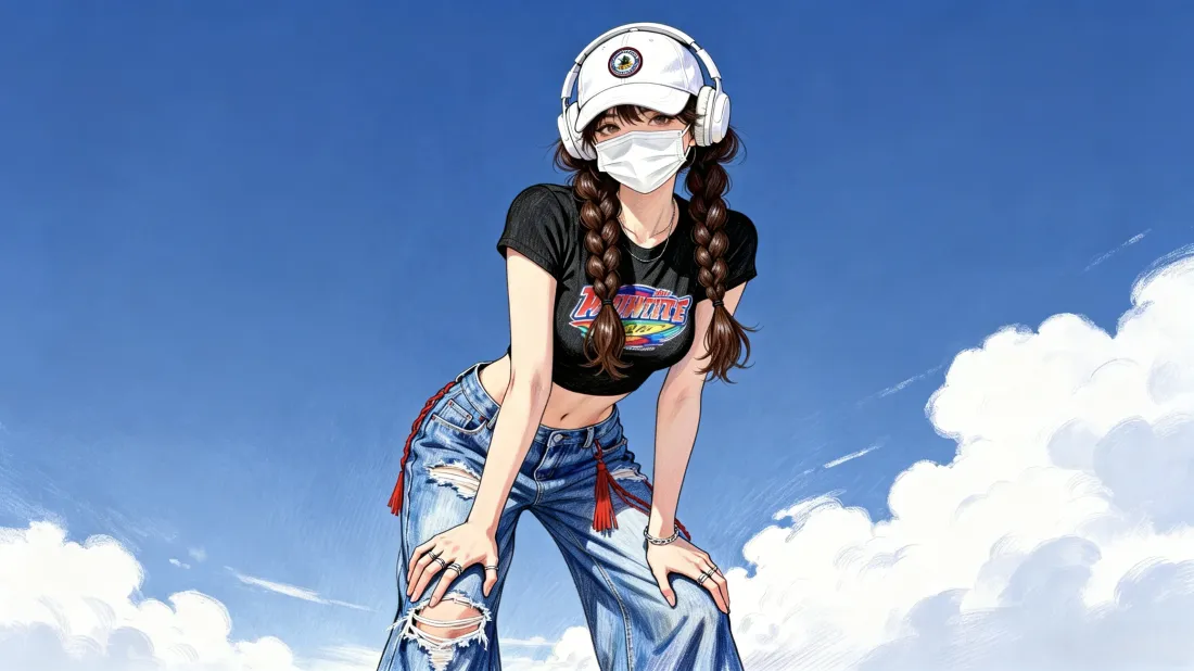 3k二次元少女壁纸|蓝天白云背景图片 - 甜酷休闲穿搭「哲风壁纸」 蓝天白云下,戴白帽口罩耳机的双麻花辫少女穿露脐T恤破洞牛仔裤站立