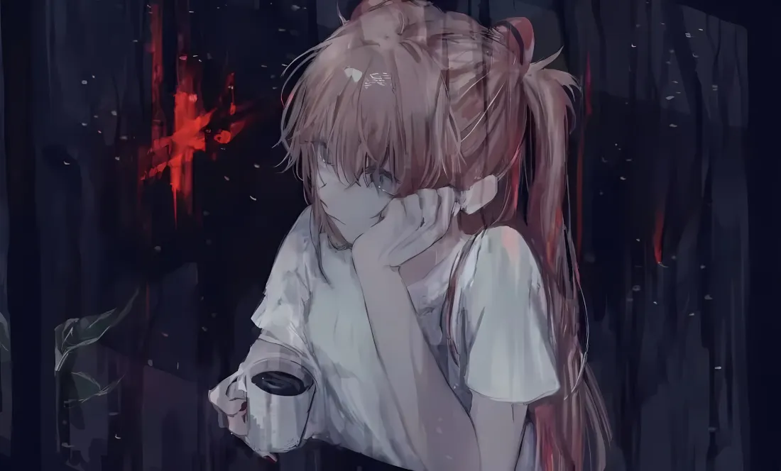 粉棕双马尾少女手托脸颊，手持杯子，身处暗黑带红色光斑的场景中