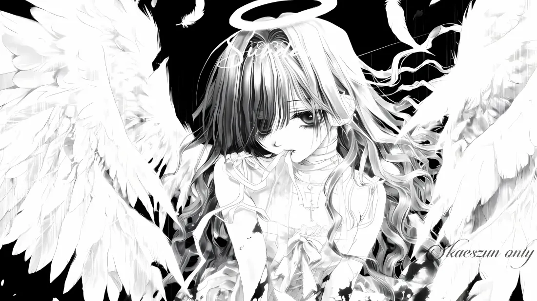 黑白二次元插画，带光环与白色羽翼的绷带天使少女，暗黑背景
