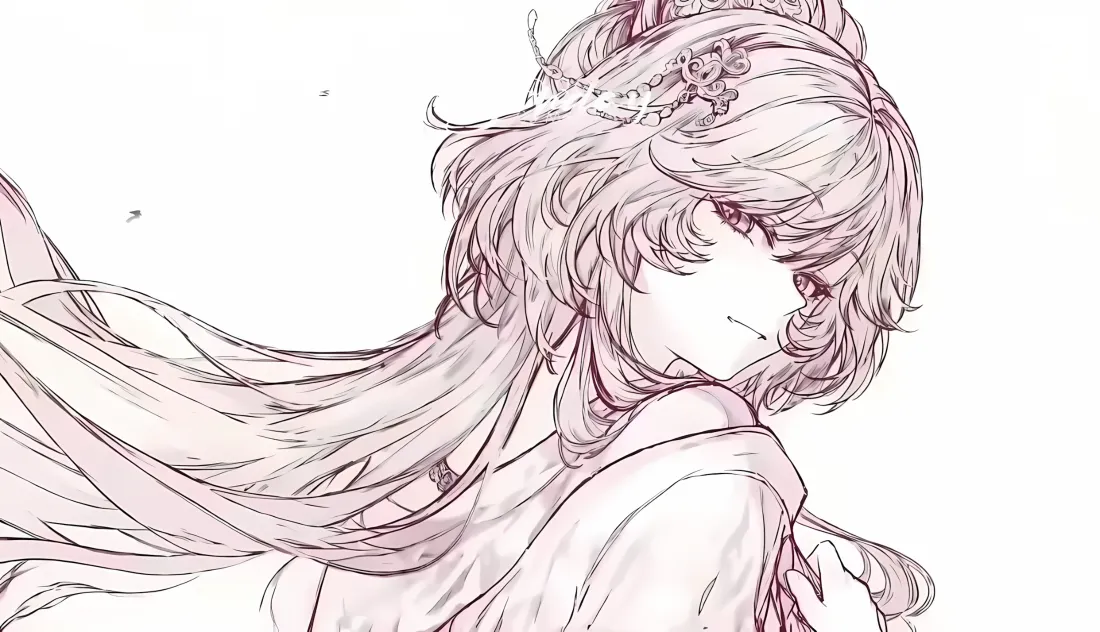 淡粉长发古风少女线稿手绘，回眸浅笑，衣袂与长发随风轻扬。