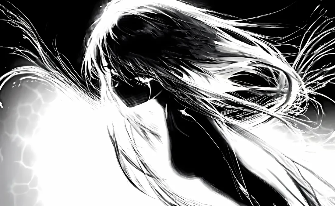 2k剪影少女壁纸|黑白飘逸长发背景图片 - 创意艺术插画「哲风壁纸」 黑白高对比剪影少女,长发飘逸四散,明暗反差强烈