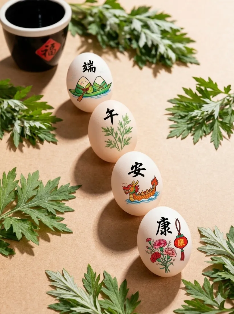 浅米色台面上排列着绘有端午元素的鸡蛋，四周点缀艾草与黑瓷小杯。
