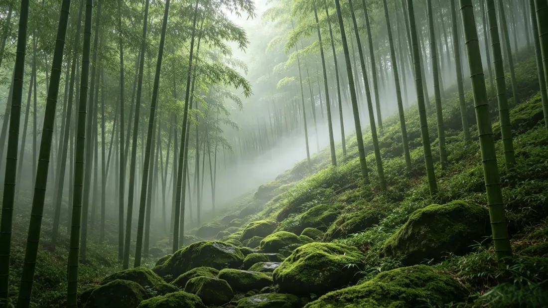 雾气弥漫的山间竹林，坡地覆满苔藓，阳光穿透林梢洒落。