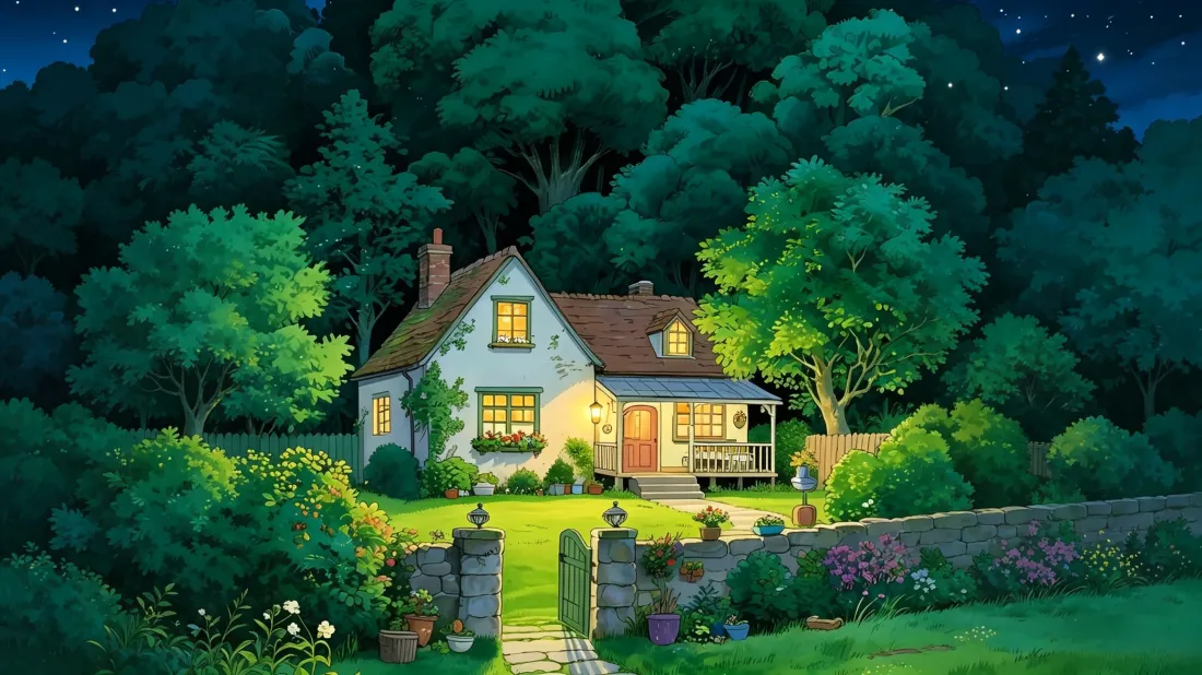 星空下森林环绕的暖光小屋，庭院草坪绿意盎然，静谧治愈。