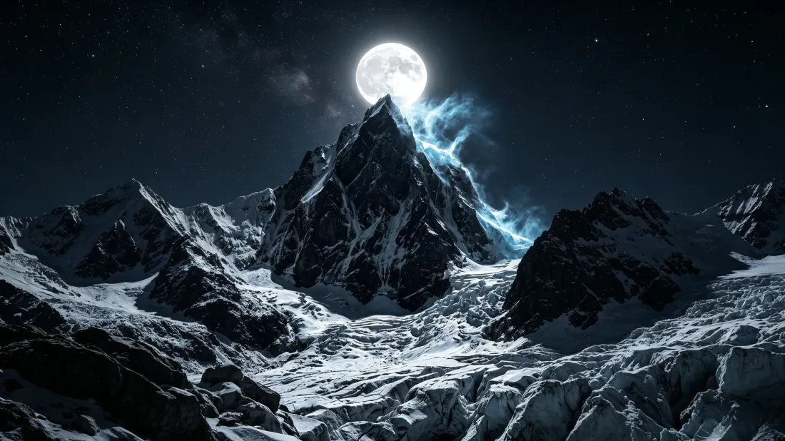 满月悬于积雪尖峰顶端，夜空缀星，山侧萦绕淡蓝色光雾。