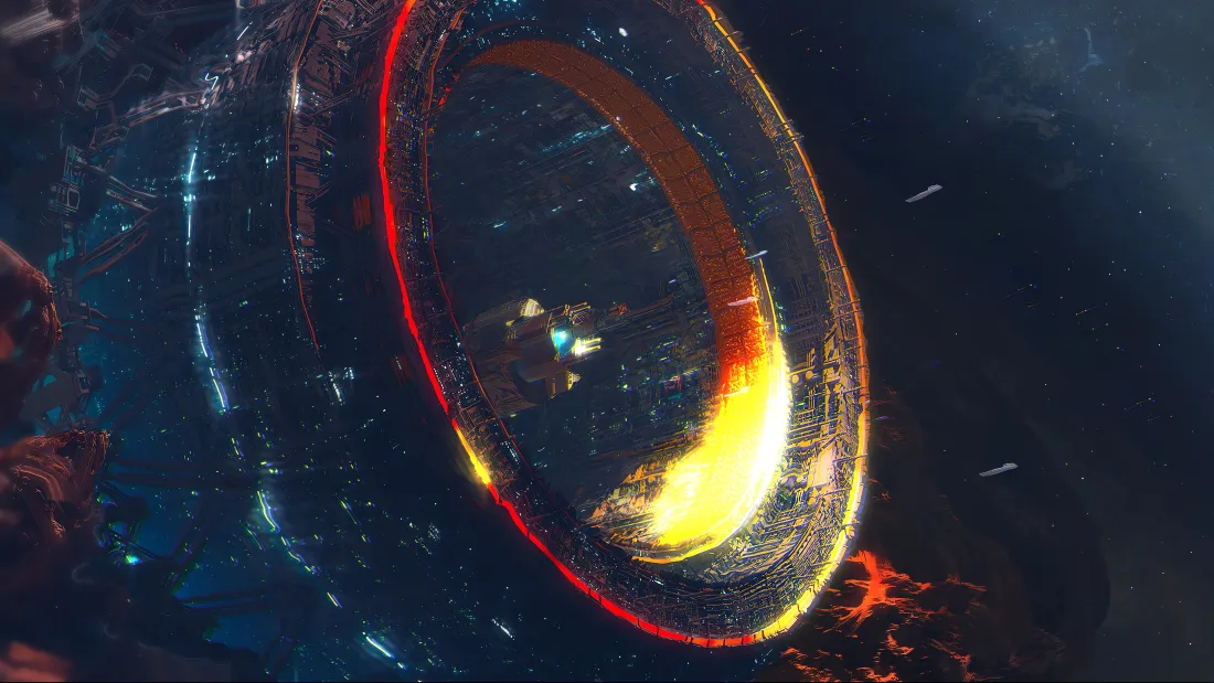 深空之中的黑洞，环绕着红橙黄渐变的发光吸积盘，周围散布星点与星际物质。