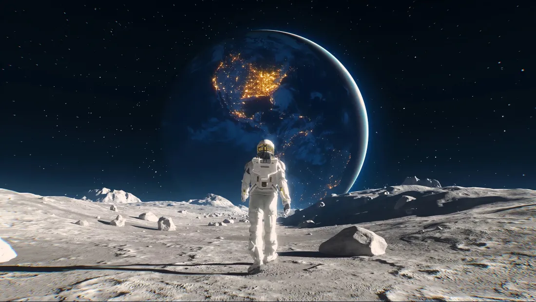 4k宇航员壁纸|月球宇宙背景图片 - 浩瀚星空场景「哲风壁纸」 宇航员站在月球表面,望向悬于星空、亮着城市灯火的地球。