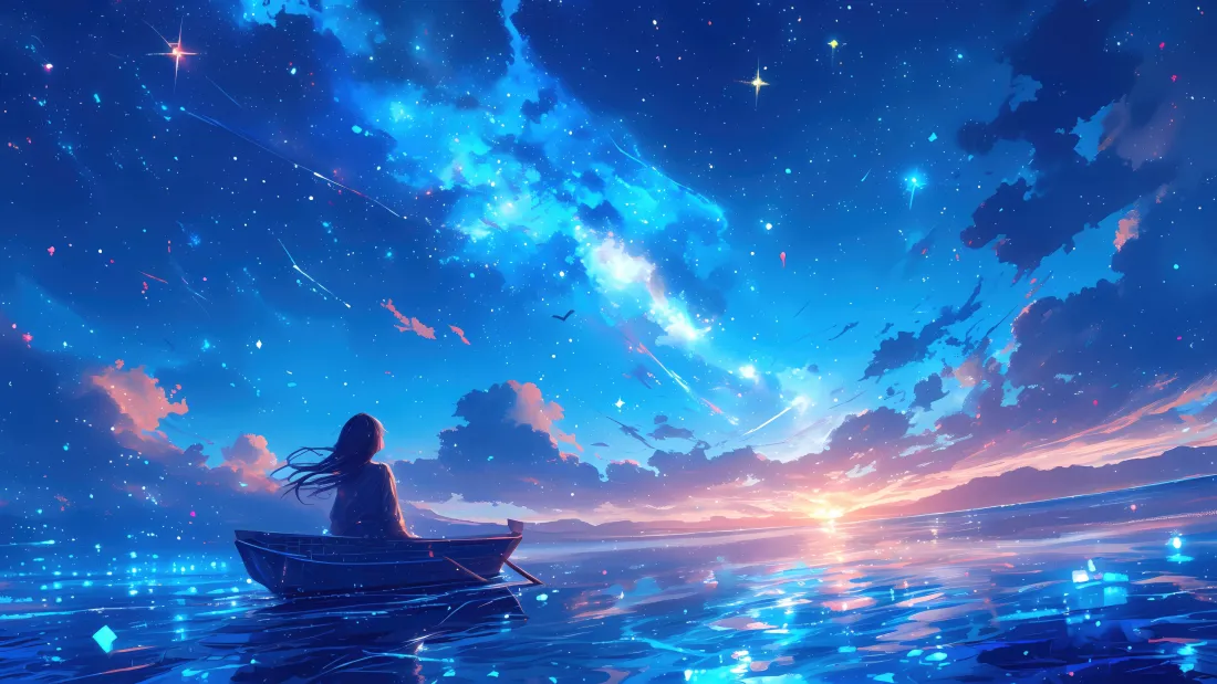 长发少女乘小船漂浮于湖面，仰望布满银河繁星的黄昏天空