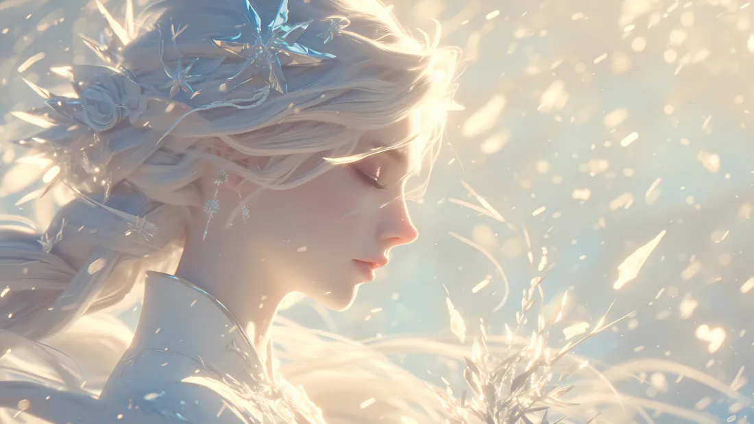 白发编发少女侧颜闭眼，暖光逆光下雪花与冰棱环绕，氛围梦幻柔和。