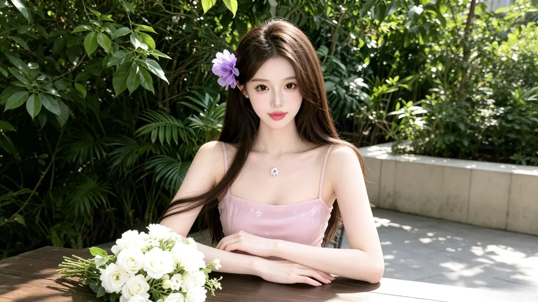 户外绿植环绕的露台，戴紫色发饰的粉吊带长发美女坐于桌前，手边放白色花束。