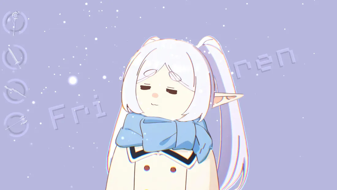 Q版芙莉莲围蓝色围巾，在淡紫色飘雪背景中眯眼微笑
