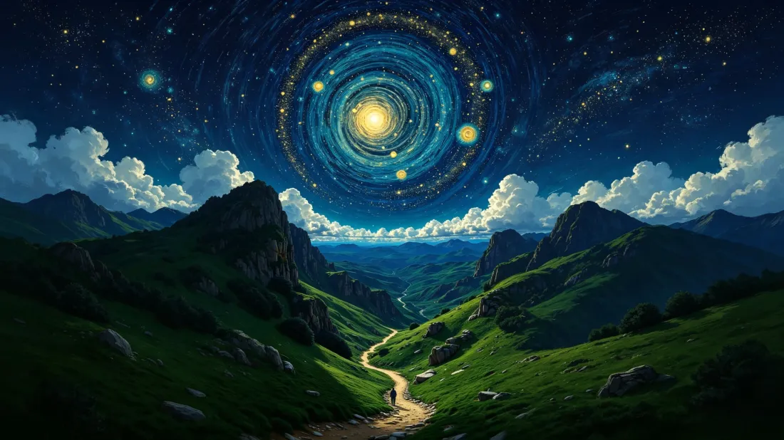 山谷草甸间蜿蜒小路伸向远方，夜空悬着螺旋星系与繁星
