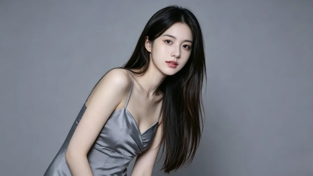 灰调纯色背景前，黑长直长发女子身着银灰色缎面吊带裙，侧身看向镜头。