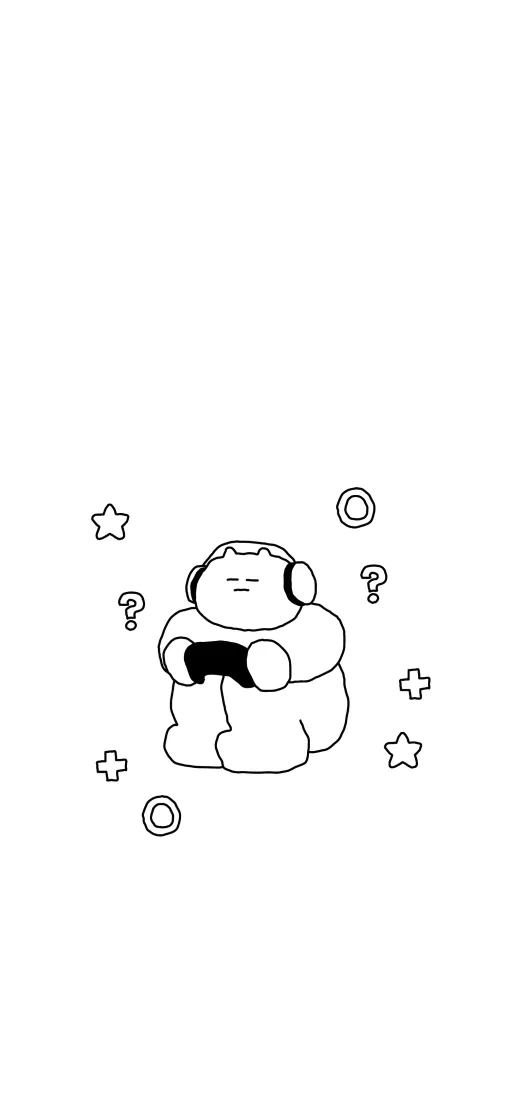 黑白简笔画风格，戴耳机的小熊坐着握游戏手柄，周围点缀星星、问号等小符号