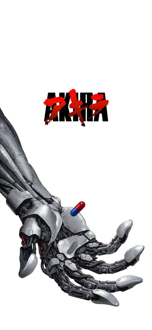 纯白背景上的阿基拉银黑机械臂，掌心托红蓝胶囊，上方有AKIRA标识