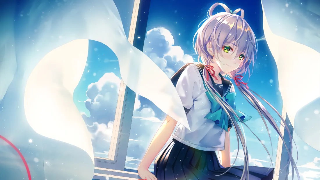 4k蓝天壁纸 - 少女 - 窗帘 - 白云「哲风壁纸」