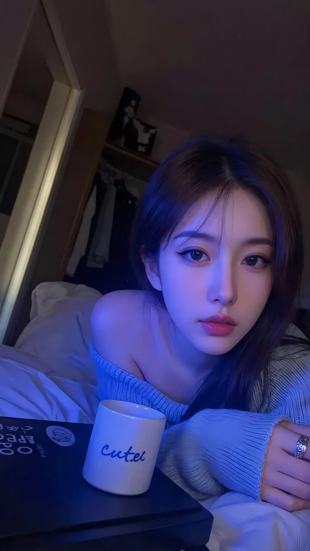 蓝调暗光卧室里，穿露肩针织衫的年轻女子趴在床上，手边放着印有手写文字的白马克杯。