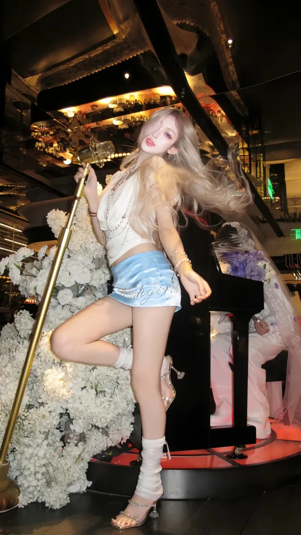 金发美女手机壁纸｜室内花墙楼梯背景图片 - 时尚性感穿搭「哲风壁纸」