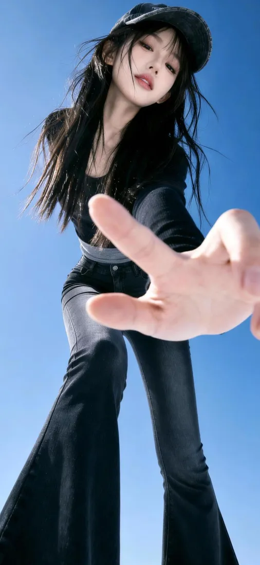 仰拍视角下，黑衣黑帽长发女生在纯蓝晴空背景前伸手朝向镜头。
