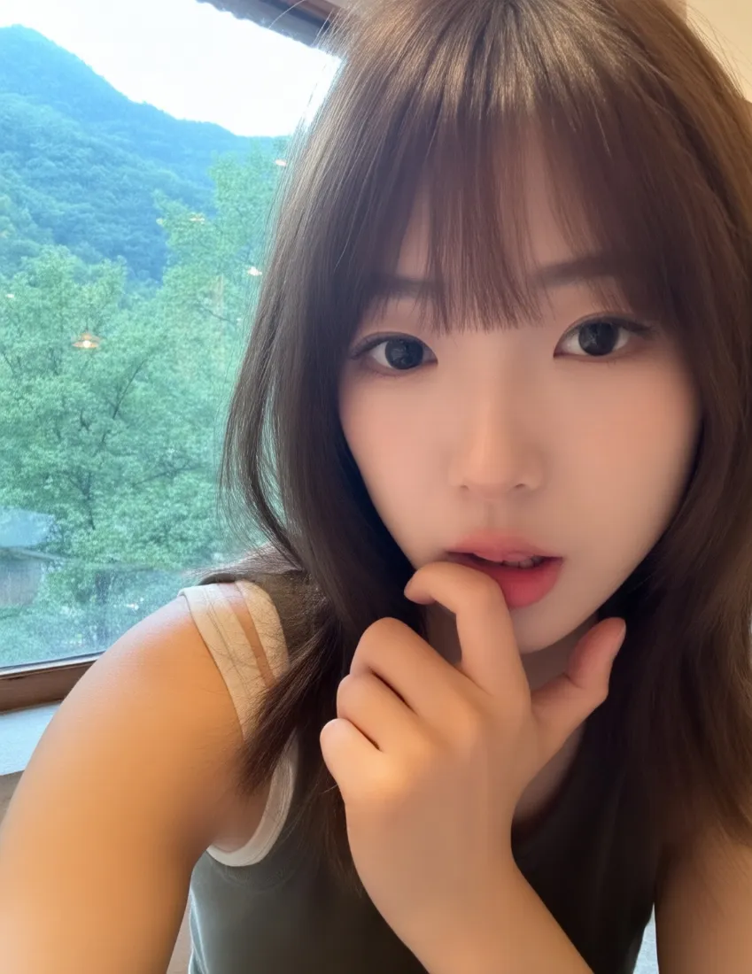 清纯女生手机壁纸｜窗外山林背景图片 - 甜美特写自拍「哲风壁纸」