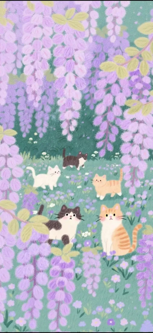 小猫手机壁纸|薰衣草花丛背景图片 - 治愈萌系可爱插画「哲风壁纸」 小猫手机壁纸|薰衣草花丛背景图片 - 治愈萌系可爱插画「哲风壁纸」