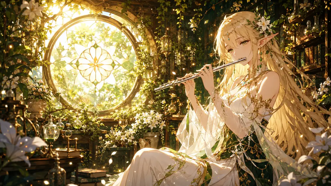 4k精灵少女壁纸|阳光花房吹笛背景图片 - 二次元插画「哲风壁纸」 4k精灵少女壁纸|阳光花房吹笛背景图片 - 二次元插画「哲风壁纸」