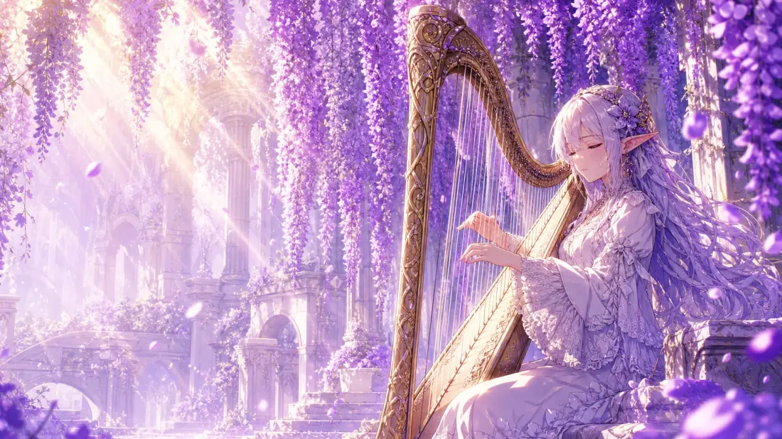 4k精灵少女壁纸|紫藤花竖琴背景图片 - 治愈二次元插画「哲风壁纸」 4k精灵少女壁纸|紫藤花竖琴背景图片 - 治愈二次元插画「哲风壁纸」