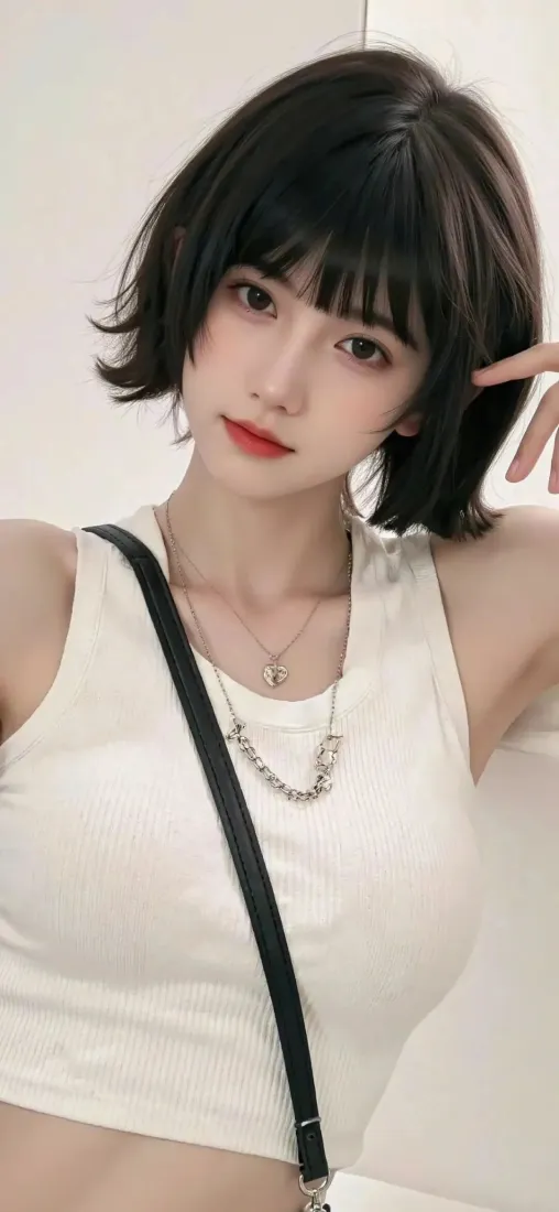 短发美女手机壁纸｜白色背心背景图片 - 甜酷性感「哲风壁纸」
