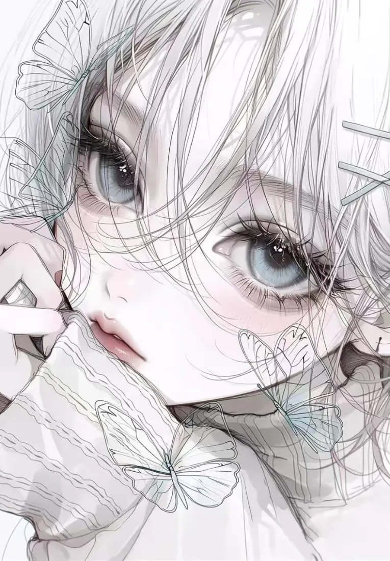 银发二次元少女手机壁纸|蝴蝶线稿风背景图片 - 清冷插画「哲风壁纸」 银发二次元少女手机壁纸|蝴蝶线稿风背景图片 - 清冷插画「哲风壁纸」