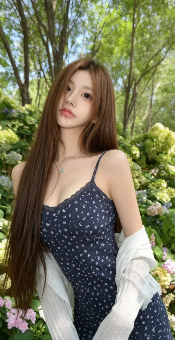 长发美女手机壁纸｜林间花丛背景图片 - 蓝色碎花吊带穿搭「哲风壁纸」