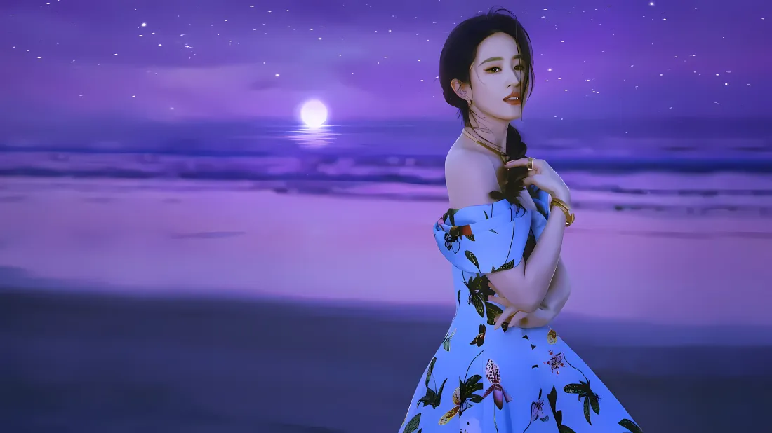 4k刘亦菲壁纸｜紫调月夜海边背景图片 - 蓝色露肩印花长裙「哲风壁纸」