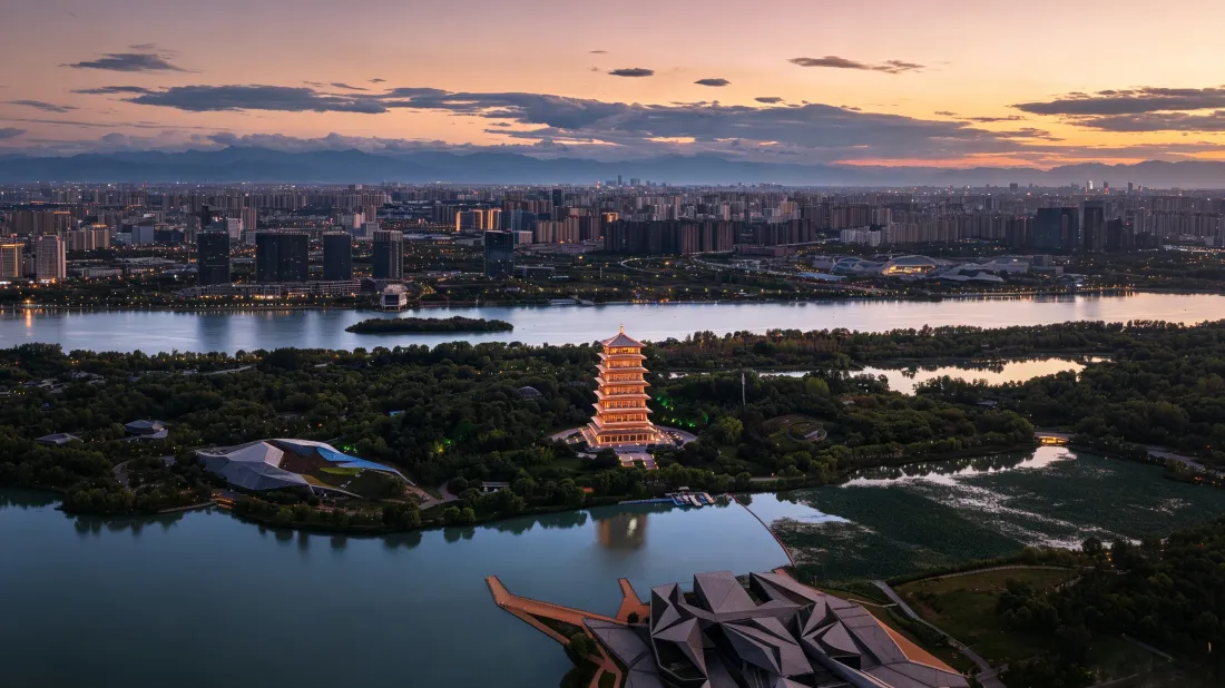 3k长安塔壁纸｜西安浐灞黄昏城市景观背景图片 - 自然风景「哲风壁纸」