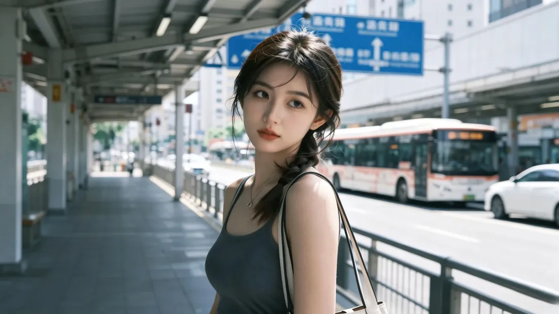3k清纯气质美女壁纸｜城市公交站台背景图片 - 夏日氛围感「哲风壁纸」