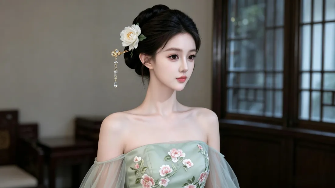 3k古风美女壁纸｜浅绿色刺绣纱裙背景图片 - 优雅氛围感「哲风壁纸」