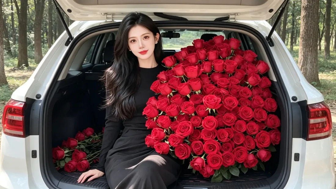 3k黑裙美女壁纸｜红玫瑰后备箱背景图片 - 户外树林写真「哲风壁纸」
