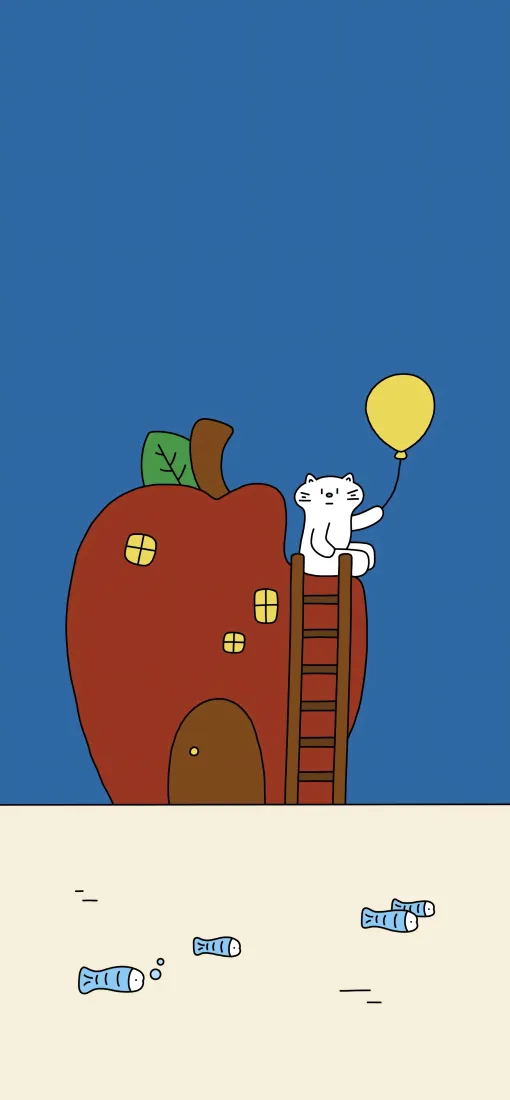 可爱卡通小猫手机壁纸|苹果屋蓝天背景图片 - 治愈插画「哲风壁纸」 可爱卡通小猫手机壁纸|苹果屋蓝天背景图片 - 治愈插画「哲风壁纸」