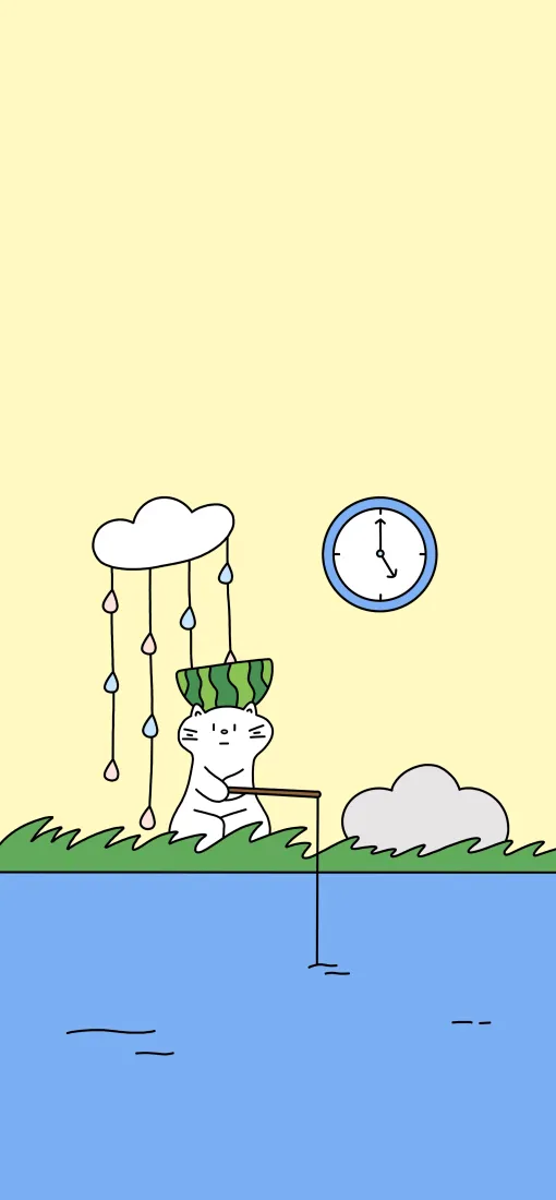 可爱卡通钓鱼形象手机壁纸｜夏日草地背景图片 - 西瓜云朵时钟「哲风壁纸」
