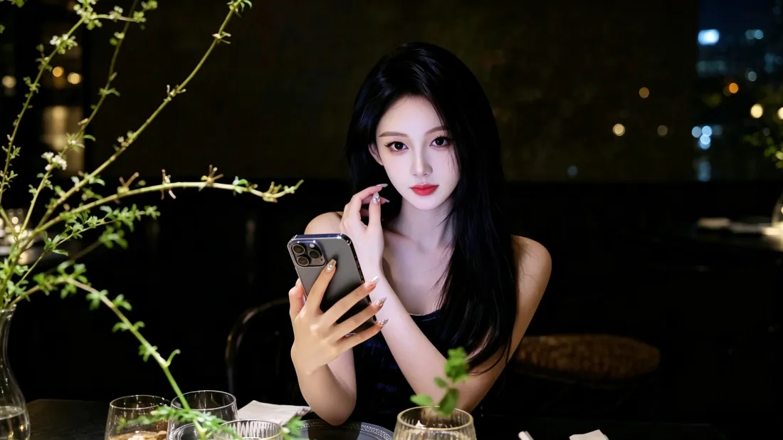3k黑长直美女壁纸｜夜晚餐厅背景图片 - 时尚氛围感写真「哲风壁纸」