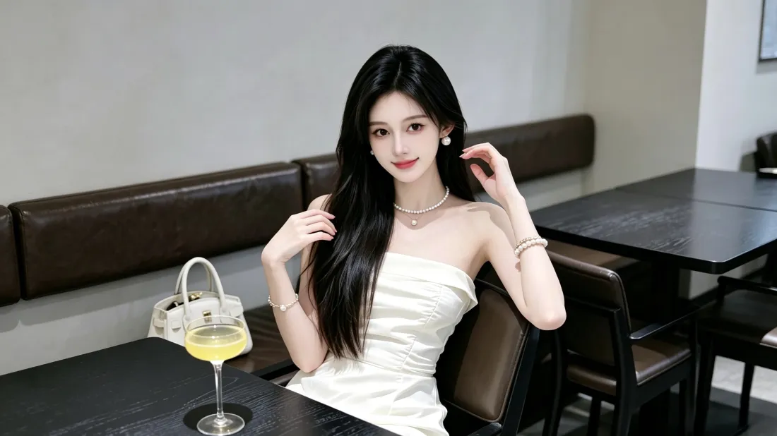 3k气质美女壁纸｜简约餐厅背景图片 - 时尚抹胸穿搭「哲风壁纸」