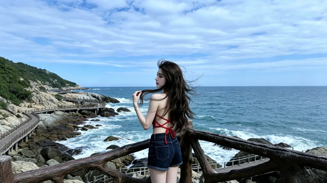 3k红衣美女壁纸｜海边礁石海景背景图片 - 夏日清新氛围「哲风壁纸」