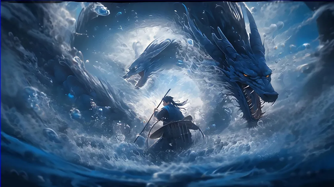 3k古风侠客遇龙壁纸｜海浪国风背景图片 - 玄幻插画「哲风壁纸」