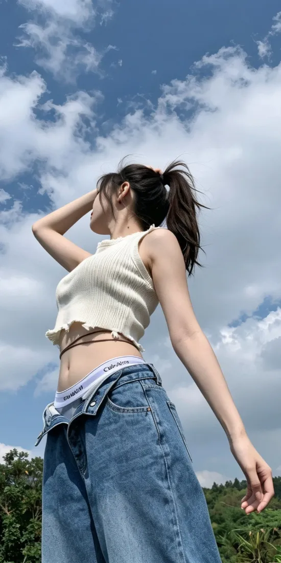 马尾少女手机壁纸｜蓝天白云户外背景图片 - 休闲松弛穿搭「哲风壁纸」