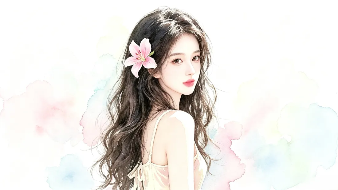 淡彩水彩风插画，卷发粉发花少女回眸，柔色晕染梦幻背景