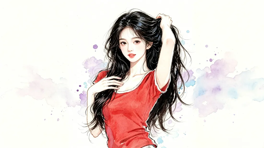 水彩风手绘插画，黑长卷发红衣女子抬手撩发，背景晕染淡彩