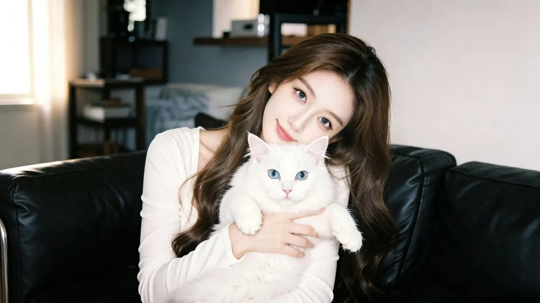 3k甜美长发美女壁纸|居家抱猫背景图片 - 温柔氛围感写真「哲风壁纸」 长发白衣美女坐在黑色沙发上,怀抱蓝眼白猫温柔微笑