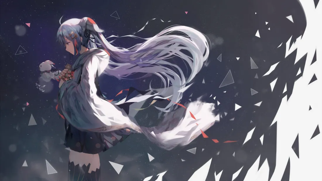 4k初音未来壁纸｜暗系破碎感背景图片 - 银发飘逸双马尾少女「哲风壁纸」