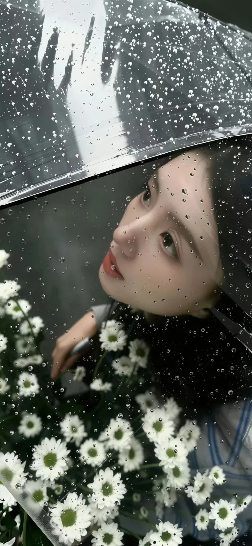 黑发少女持透明雨伞，身前簇拥白色小雏菊，伞面布满雨滴，氛围朦胧。