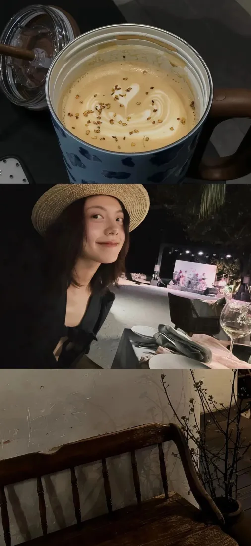 三格拼贴画面，依次为咖啡特写、戴草帽黑衣女子在餐厅微笑、木质座椅场景